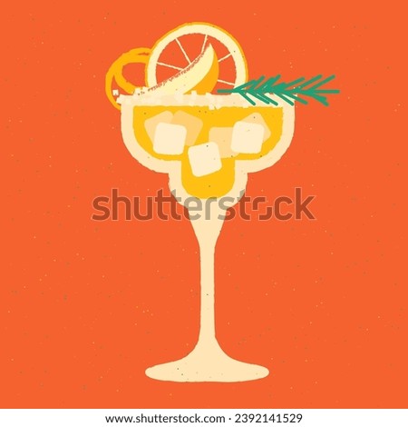 Margarita cocktail glass. Cold alcoholic drink with grapefruit and zest. Tropical liquid with fruits, ice cubes and rosemary. Orange cocktail in glass on a stem. Vector flat illustration with texture