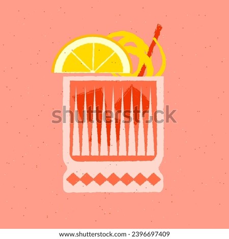 Cold drinks with lemon, zest and ice cubes. Tumbler glass for bar. Bright refreshing cocktail with tonic. Alcohol beverage design. Vector flat illustration with texture. Non-alcoholic cocktail