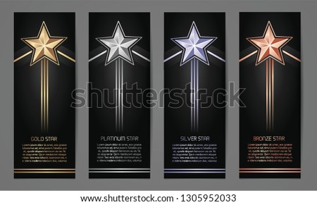 Set of black banners, Gold, platinum,silver and bronze star, Vector illustration