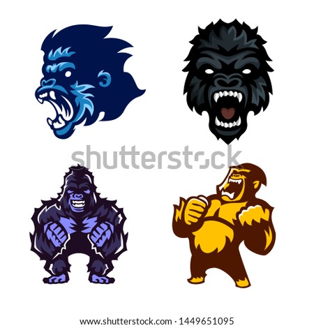 Gorilla, Ape, Monkey, Set of logo mascot, Vector.