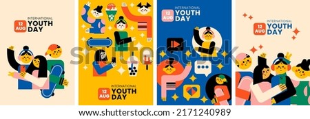International youth day 21 August geometric vector collection. Book cover, background, set illustration. 