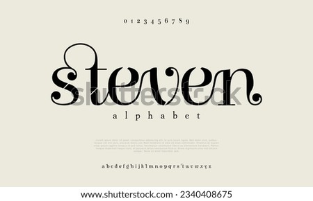 Steven premium luxury elegant alphabet letters and numbers. Elegant wedding typography classic serif font decorative vintage retro. Creative vector illustration