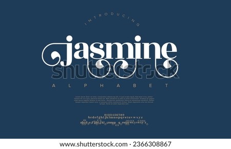 Jasmine premium luxury elegant alphabet letters and numbers. Elegant wedding typography classic serif font decorative vintage retro. Creative vector illustration