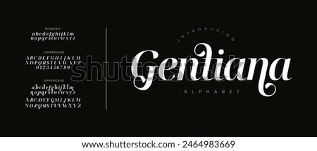 Gentiana elegant font alphabet uppercase lowercase and number. Classic lettering minimal fashion designs. Typography modern serif fonts regular decorative vintage concept. Vector illustration