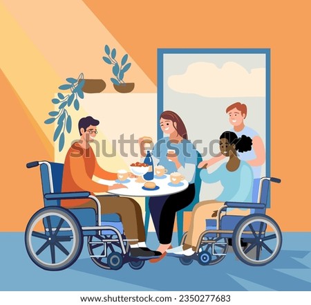 Disabled young people in cafe. Concept of wheelchair users inclusion. Diverse friends chatting at table in coffee shop. Flat vector illustration.