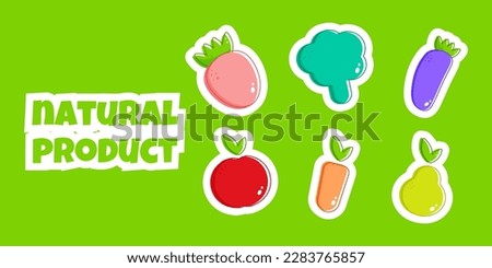 Friuts, vegetables, straberry vegetarion food. Icon on colorful backdrop. Isolated background. Vegetarian food. Healthy vegan food. Vector illustration