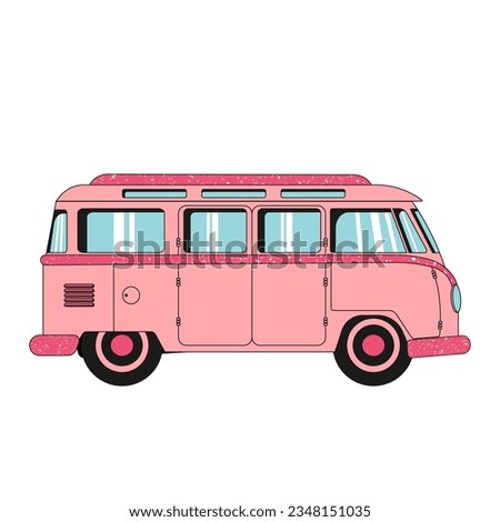 Vintage pink coach bus. Flat hippie van isolated on white background. Summer tourist bus family travel. RV Travel for girls. Barbiecore. Groovy style