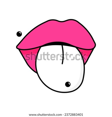 Lips with tongue and piercing. Gothic aesthetic in y2k, 90s, 00s and 2000s style. Emo Goth tattoo sticker black white pink colors. Vector illustration