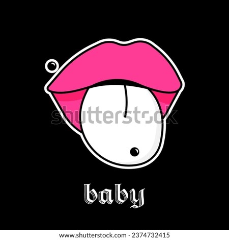 Lips with tongue, piercing and inscription Baby. Gothic aesthetic in y2k, 90s, 00s and 2000s style. Emo Goth tattoo sticker on black background. Vector illustration