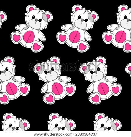 Seamless pattern with Wrong and Raped Teddy Bear toy. Black Emo Goth background. Gothic aesthetic in y2k, 90s, 00s and 2000s style. Vector illustration