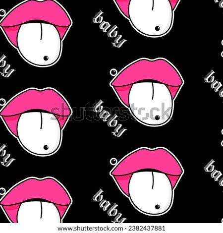 Seamless pattern with Lips with tongue and piercing. Inscription Baby. Black Emo Goth background. Gothic aesthetic in y2k, 90s, 00s and 2000s style. Vector illustration