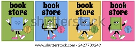 World book day flyers set. Funky character book with psychedelic smile. Retro mascot cartoon style. Book reading festival, bookstore sale. Vector illustration