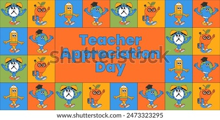 Back school retro poster with retro groovy characters in a squares. Teacher Appreciation Day. Education concept. Contemporary vector illustration