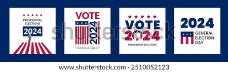 Vote 2024. Presidential elections United States of America posters set. Halftone collage womans hand in retro pop art style. Red, blue, white colors. Vector illustration