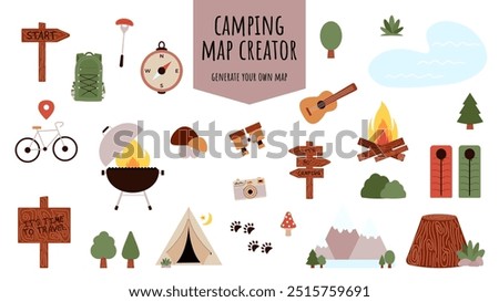 Camping and Hiking elements set for creating kids camp. Mountains, bike, trees and other stickers for summer trip. Vector flat illustration on transparent background