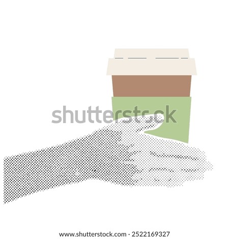 Retro collage with hand hold glass of coffee. Halftone collage and doodle vector illustration on transparent background. New Year, Christmas and other holiday concept