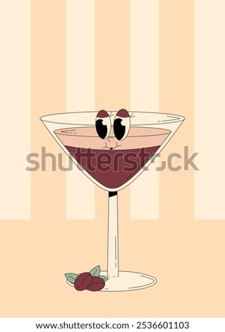 Groovy character Tini espresso martini with emotion. Retro summer poster with popular alcoholic cocktail and empty space. Vintage vector illustration 70s, 80s style