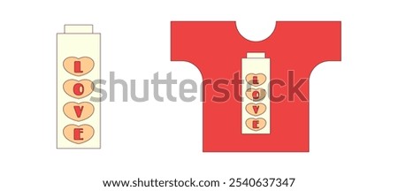 Happy Valentines day concept. Mobile phone battery with hearts and text love. Design for print tshirt and other clothes. Trendy retro groovy style. Vector illustration