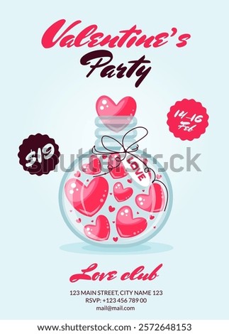 Romantic valentines day party invitation poster with jar fill of hearts. Vector illustration for celebrating love and holidays
