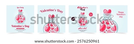 Romantic valentines day party invitation posters and cards with jar fill of hearts. Vector illustration set for celebrating love and holidays