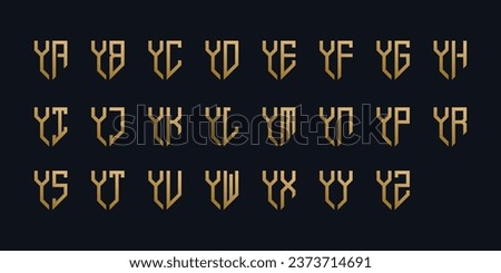 Collection of golden shield logos with geometric abstract logo letters
