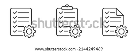 Technical check list. Clipboard add gear icon set. Technical support check list with cog. Management business concept. Flat vector illustration.