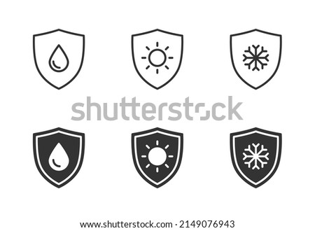 Waterproof, sun protect, frost protect icon. Shiel sign. Frost resistance, water resist. Flat vector illustration.