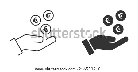 Hand holding euro sign. Money in hand. Euro coins on a palm. Vector illustration.