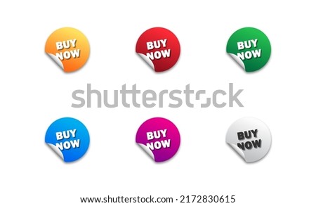 Buy Now icons set. Round colorful sticker with offer message. Flat vector illustration.