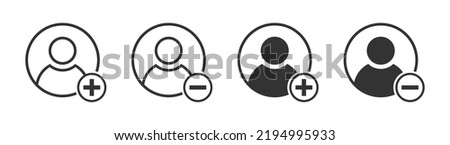 Add and remove user icons. Person icons with plus and minus symbols. Vector illustration.