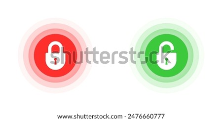 Vector illustration of lock icons in red and green circles, representing locked and unlocked states. Perfect for security, access control, and privacy concepts.