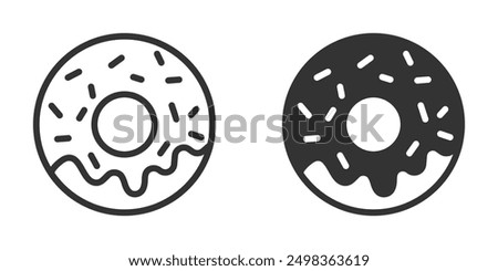 Donut icons with icing and sprinkles in outline and silhouette styles. Perfect for bakery, dessert, and food themes. Vector illustration.