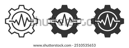 Vector icons of gears with heartbeat lines in outline and filled styles. Ideal for technology, health, engineering, and mechanics themes.