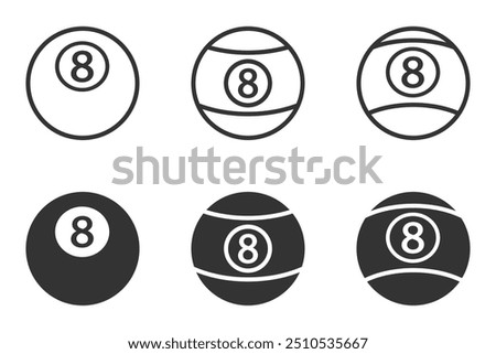 Vector icons of billiard 8-ball in different styles, including outline and filled. Ideal for sports, games, and recreation designs.