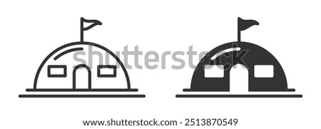 Minimalist vector illustration of a bunker icon with a flag in two different styles, outline, and filled