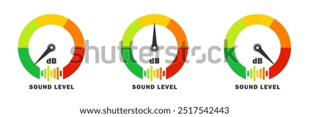 Sound level meter icon with decibel (dB) scale in a multicolored gauge style. Ideal for audio, volume, or noise measurement. Vector illustration