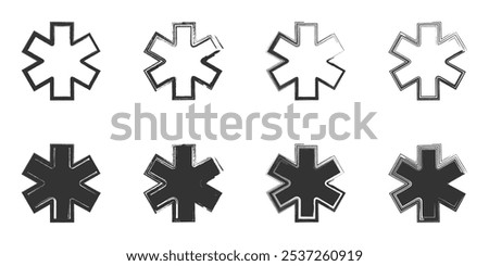 Distressed vector illustration of medical cross icons with a grunge texture in outline and filled styles