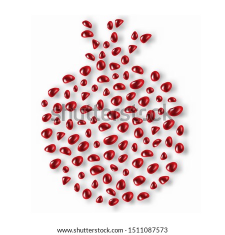 Pomegranate seeds in the shape of a pomegranate. Rosh Hashanah. Realistic sweet red fruit grains. Healthy eating, vitamin diet. Shana Tova - Jewish New Year. Jucie tropical Vector illustration