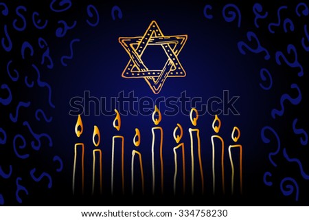 Nine Candles and Star of David on a dark background - sketch illustration for Hanukkah Chanukah. Greeting card for traditional jewish holiday. 