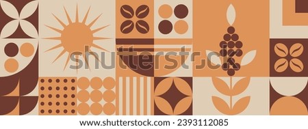 Pattern with coffee theme. Print with abstract shapes. Illustration for cover design, food package, menu, background, café wall, coffee shop. Banners in geometric minimalistic style.