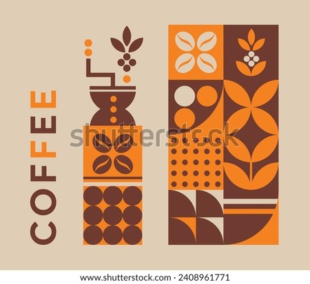 Illustration with coffee mill for café and restaurant. Design minimalistic print with coffee branch and geometric flat shapes. Vector pattern for coffee shop, café, concept menu, poster, background.