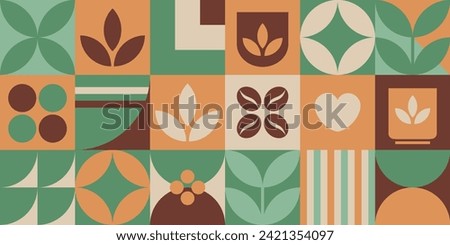 Pattern with coffee and tea theme in minimalistic style. Geometric illustration with flat colors. Print with abstract shapes for coffee shop, teahouse, food package, café wall, menu, background.