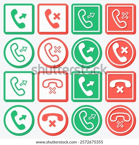 Set of phone call and end call button icon vector, phone call, end call with green and red color icon in flat design style suitable for communication apps, contact pages