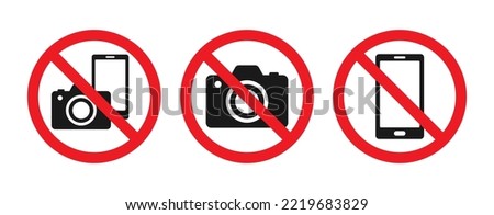 No recording or taking pictures sign. Signs prohibiting the use of cameras or phones. Vector illustration.