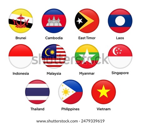 Flags of Southeast Asian countries arranged around the ASEAN (The Association of Southeast Asian Nations) emblem. Vector illustration.