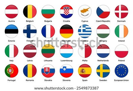 Flags of European Union member countries in round shapes, including Germany, France, Italy, Spain, Poland, Sweden, Netherlands, Belgium, Austria, Greece, and others. Vector illustration.