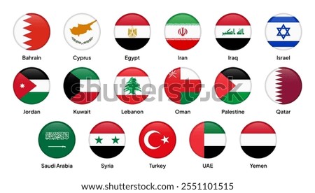 Flags of Middle East countries in round shapes, including Saudi Arabia, UAE, Qatar, Kuwait, Oman, Bahrain, Iraq, Iran, Jordan, Lebanon, Israel, Turkey, and others. Vector illustration.