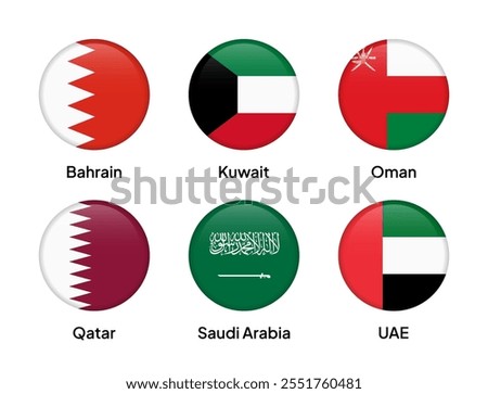 Flags of GCC (Gulf Cooperation Council) member countries in round shapes, including Saudi Arabia, United Arab Emirates, Qatar, Kuwait, Oman, and Bahrain. Vector illustration.