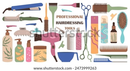 Hairdressing tools, products big set. Collection of elements for a beauty salon, hairdresser, professional hair cosmetics store