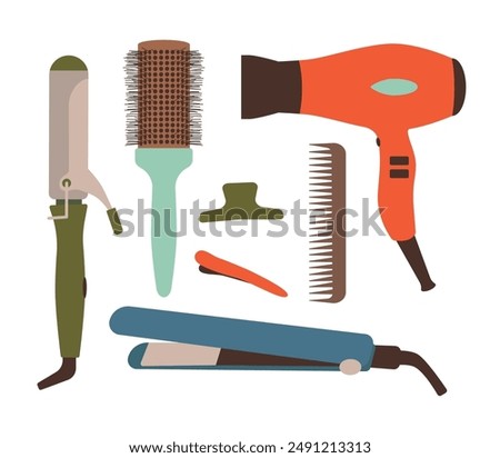 Hair styling set. Hairdressing tools, hair dryer, brush, straightening iron and curling iron. Isolated vector illustration